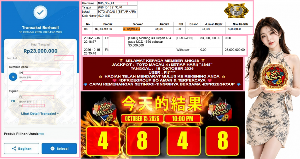 SHIO88 JACKPOT TOTO MACAU 4 (SETIAP HARI) “4848”‎‏‏‎ Rp23.000.000,- LUNAS