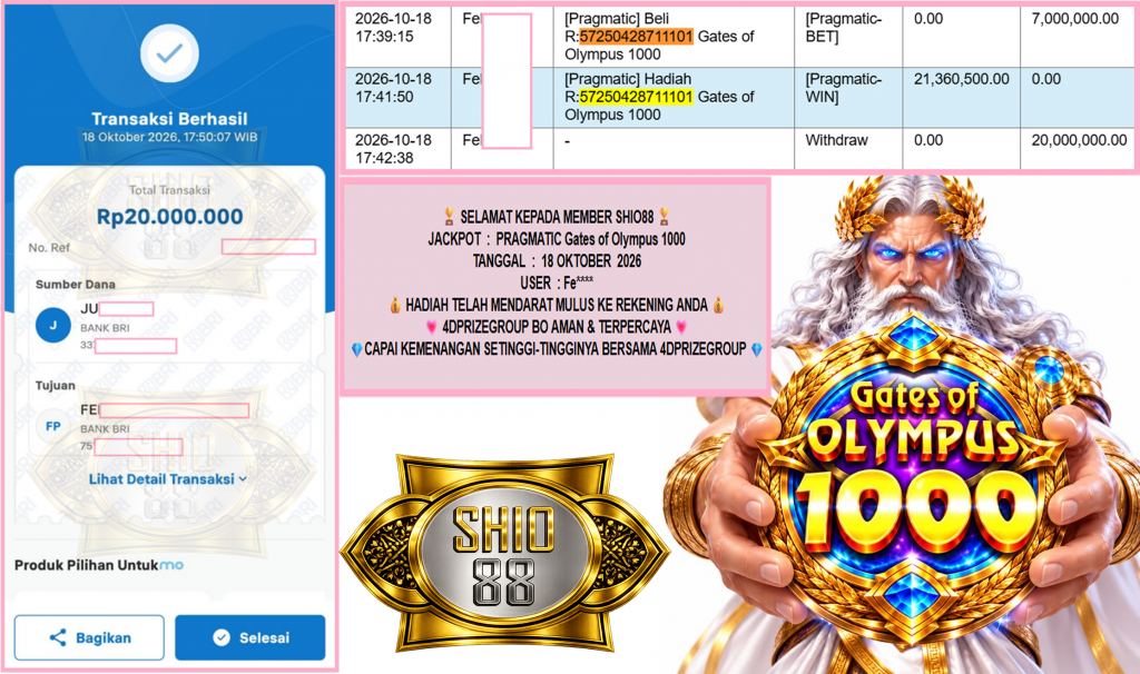 SHIO88 JACKPOT PRAGMATIC “Gates of Olympus 1000″‎‏‏‎‎ Rp20.000.000,- LUNAS