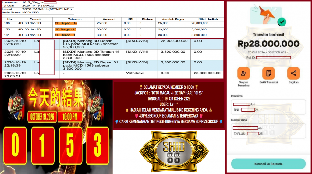 SHIO88 JACKPOT TOTO MACAU 4 (SETIAP HARI) “0153”‎‏‏‎ Rp28.000.000,- LUNAS
