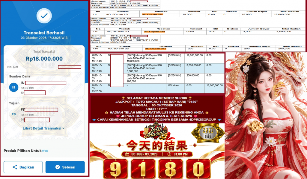 SHIO88 JACKPOT TOTO MACAU 1 (SETIAP HARI) “9180” Rp18.000.000,- LUNAS