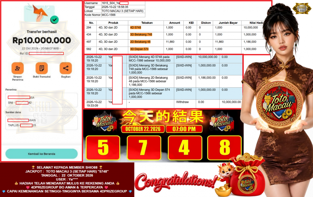SHIO88 JACKPOT TOTO MACAU 3 (SETIAP HARI) “5748”‎‏‏‎ Rp10.000.000,- LUNAS