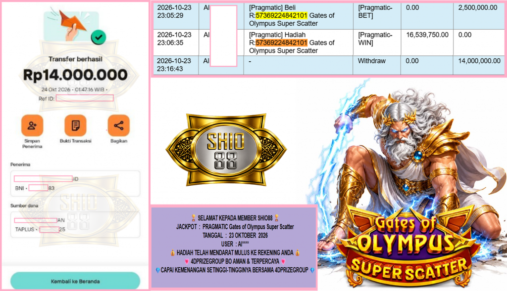 SHIO88 JACKPOT PRAGMATIC “Gates of Olympus Super Scatter”‎‏‏‎‎ Rp14.000.000,- LUNAS