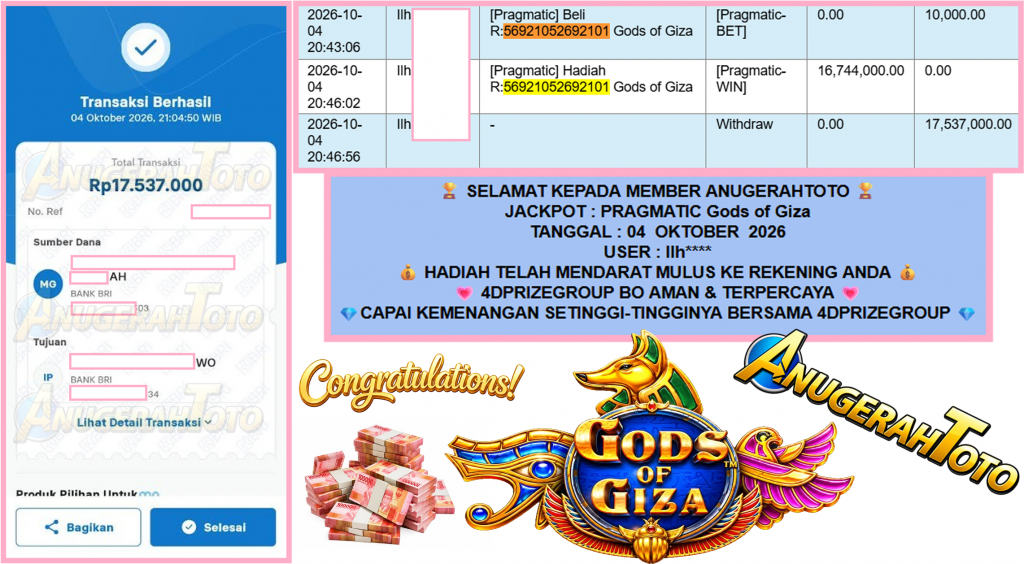 ANUGERAHTOTO JACKPOT PRAGMATIC “Gods of Giza”‎‏‏‎‎ Rp17.537.000,- LUNAS