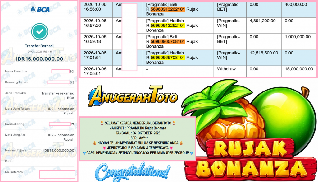 ANUGERAHTOTO JACKPOT PRAGMATIC “Rujak Bonanza” Rp15.000.000,- LUNAS