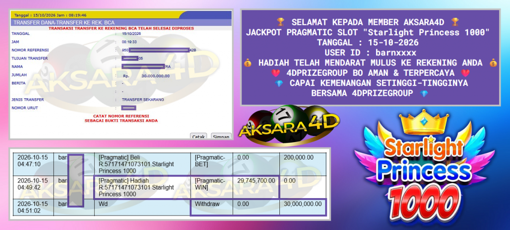 AKSARA4D PRAGMATIC SLOT “Starlight Princess 1000” Rp30.000.000,- LUNAS