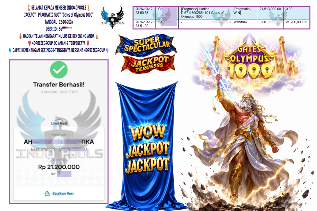 INDO4DPOOLS JACKPOT PRAGMATIC SLOT “Gates of Olympus 1000” Rp 21.200.000,- LUNAS