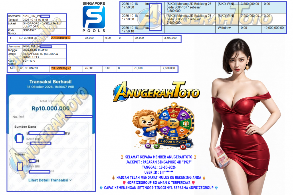 ANUGERAHTOTO JACKPOT PASARAN SINGAPORE 4D “1927” Rp 10.000.000,- LUNAS