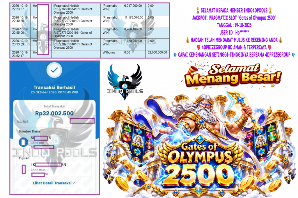 INDO4DPOOLS JACKPOT PRAGMATIC SLOT “Gates of Olympus 2500” Rp 32.000.000,- LUNAS