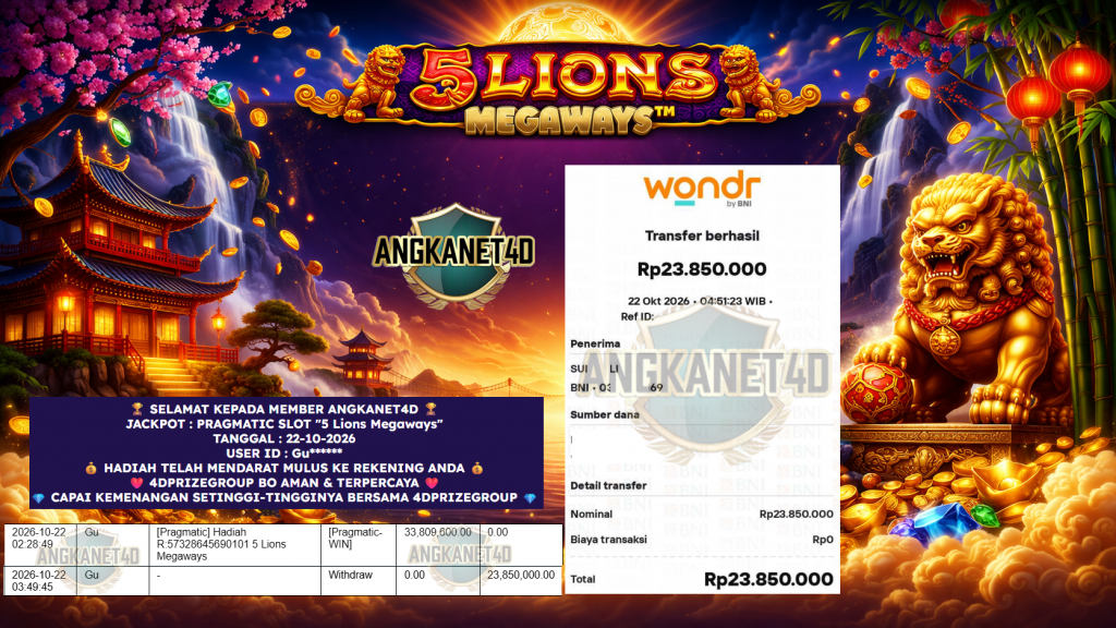 ANGKANET4D JACKPOT PRAGMATIC SLOT “5 Lions Megaways” Rp 23.850.000,- LUNAS
