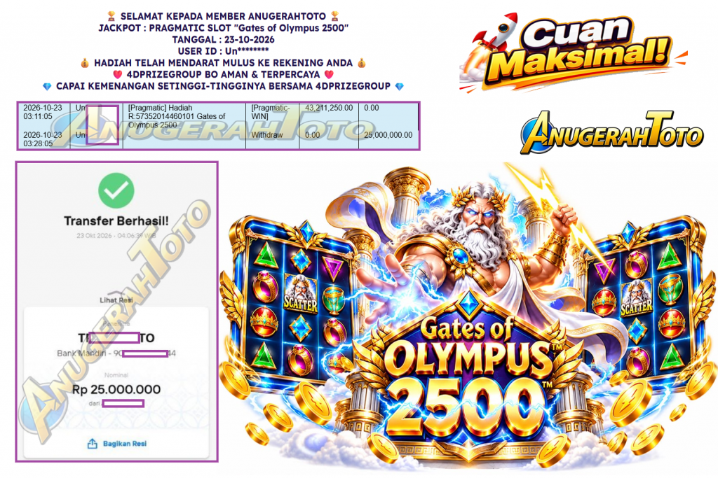 ANUGERAHTOTO JACKPOT PRAGMATIC SLOT “Gates of Olympus 2500” Rp 25.000.000,- LUNAS