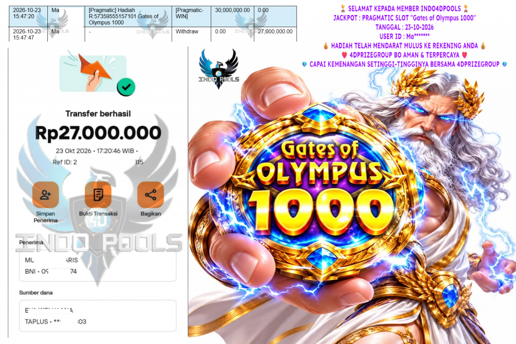 INDO4DPOOLS JACKPOT PRAGMATIC SLOT “Gates of Olympus 1000” Rp 27.000.000,- LUNAS