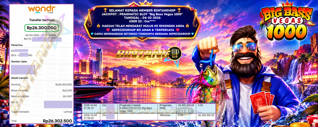 BINTANG4DP JACKPOT PRAGMATIC SLOT “Big Bass Vegas 1000” Rp 26.300.000,- LUNAS