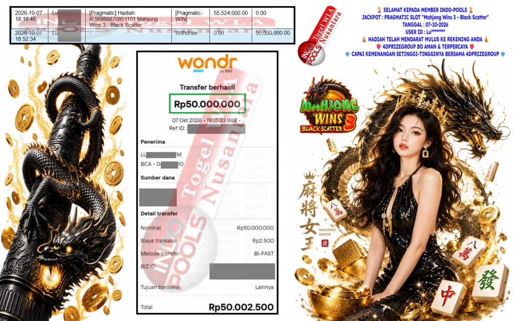 INDO-POOLS JACKPOT PRAGMATIC SLOT “Mahjong Wins 3 – Black Scatter” Rp 50.000.000,- LUNAS