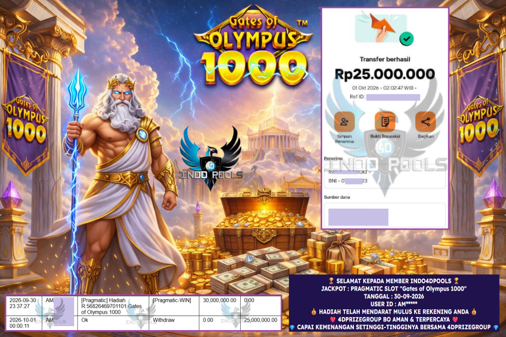 INDO4DPOOLS JACKPOT PRAGMATIC SLOT “Gates of Olympus 1000” Rp 25.000.000,- LUNAS