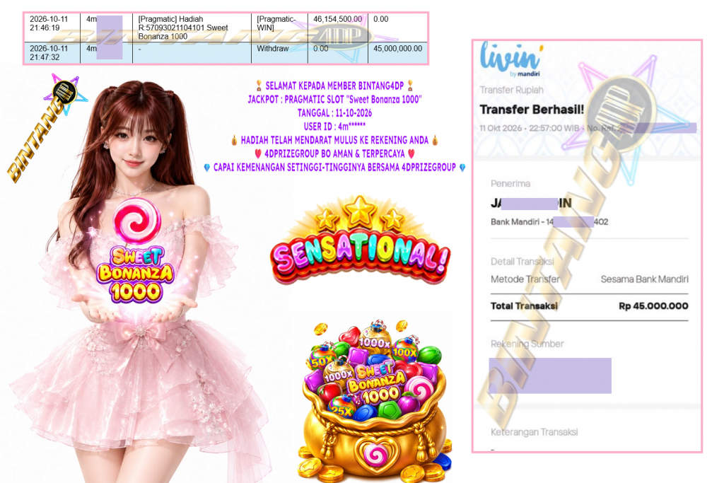 BINTANG4DP JACKPOT PRAGMATIC SLOT “Sweet Bonanza 1000” Rp 45.000.000,- LUNAS