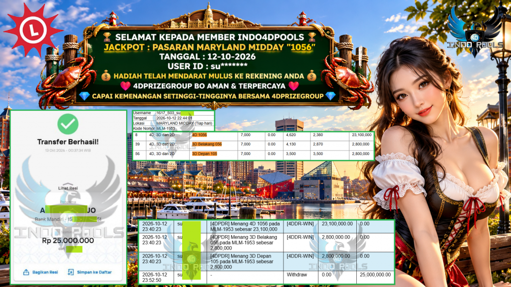 INDO4DPOOLS JACKPOT PASARAN MARYLAND MIDDAY “1056” Rp 25.000.000,- LUNAS
