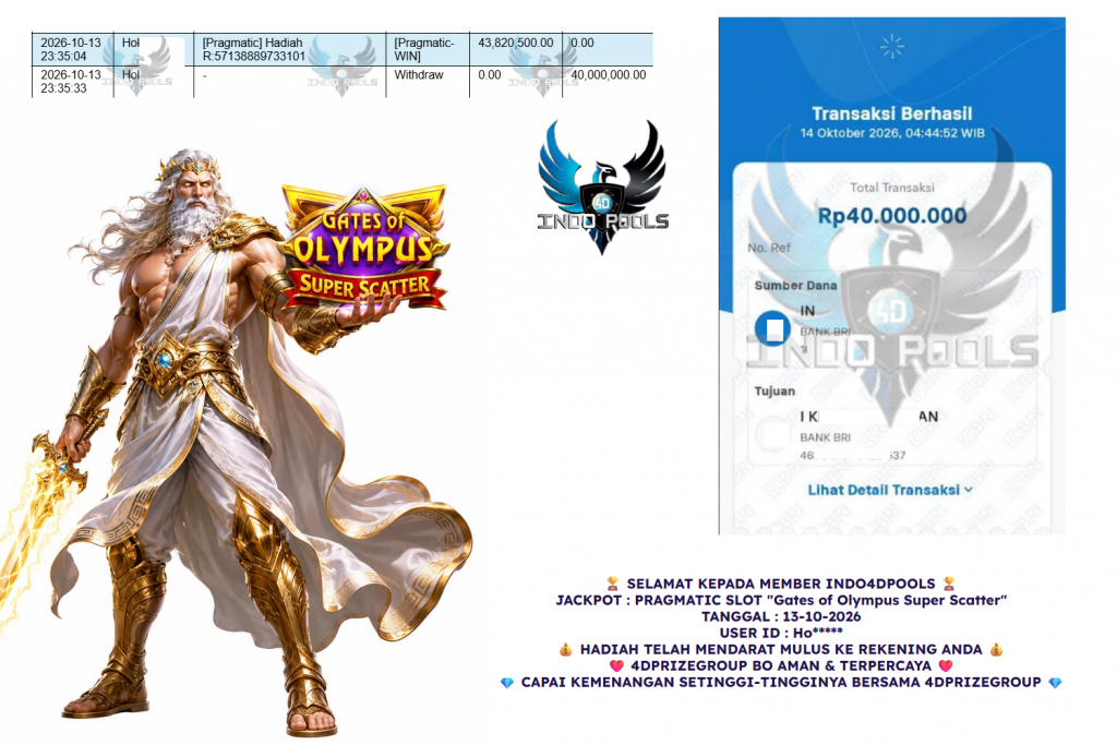 INDO4DPOOLS JACKPOT PRAGMATIC SLOT “Gates of Olympus Super Scatter” Rp 40.000.000,- LUNAS