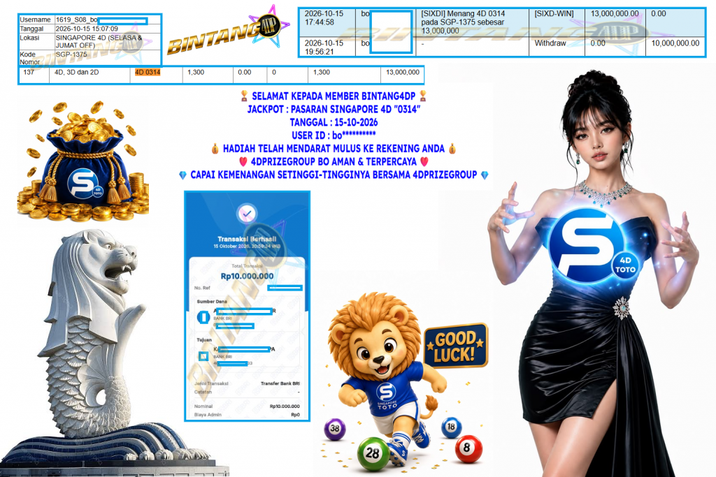 BINTANG4DP JACKPOT PASARAN SINGAPORE 4D “0314” Rp 10.000.000,- LUNAS