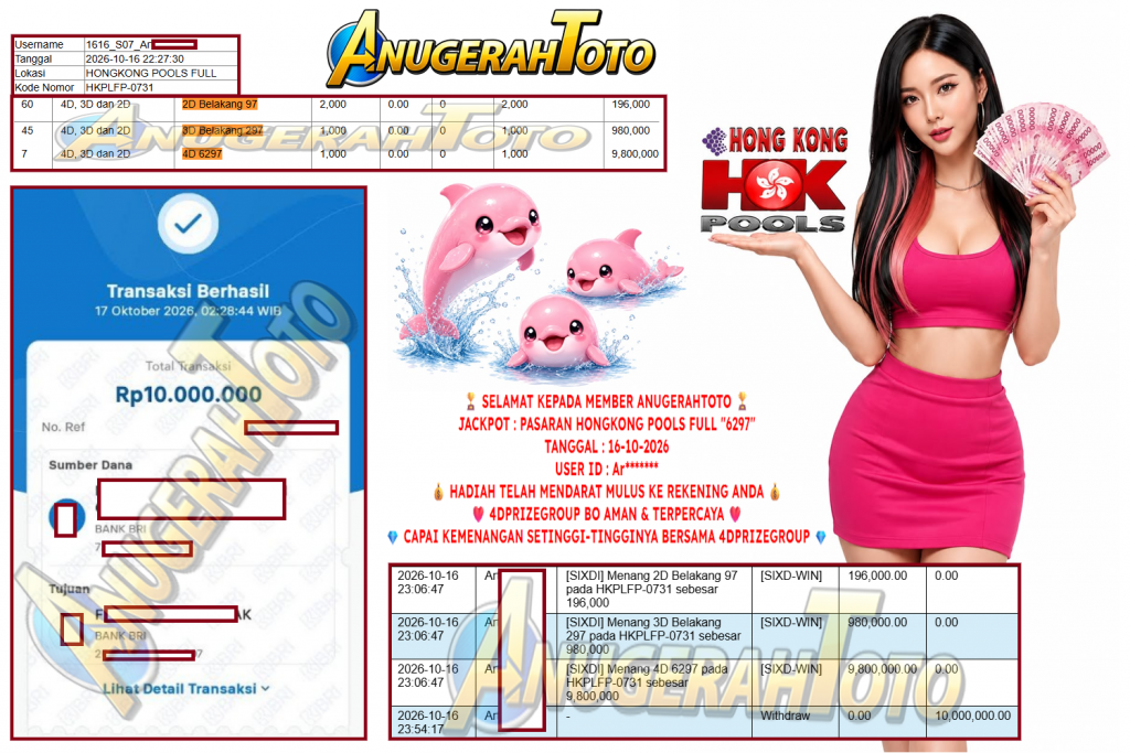 ANUGERAHTOTO JACKPOT PASARAN HONGKONG POOLS FULL “6297” Rp 10.000.000,- LUNAS