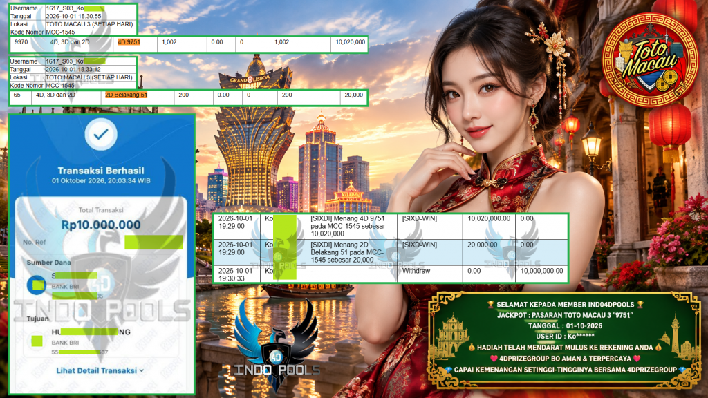 INDO4DPOOLS JACKPOT PASARAN TOTO MACAU 3 “9751” Rp 10.000.000,- LUNAS