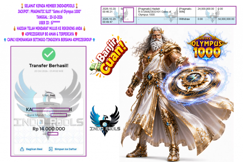 INDO4DPOOLS JACKPOT PRAGMATIC SLOT “Gates of Olympus 1000” Rp 14.000.000,- LUNAS
