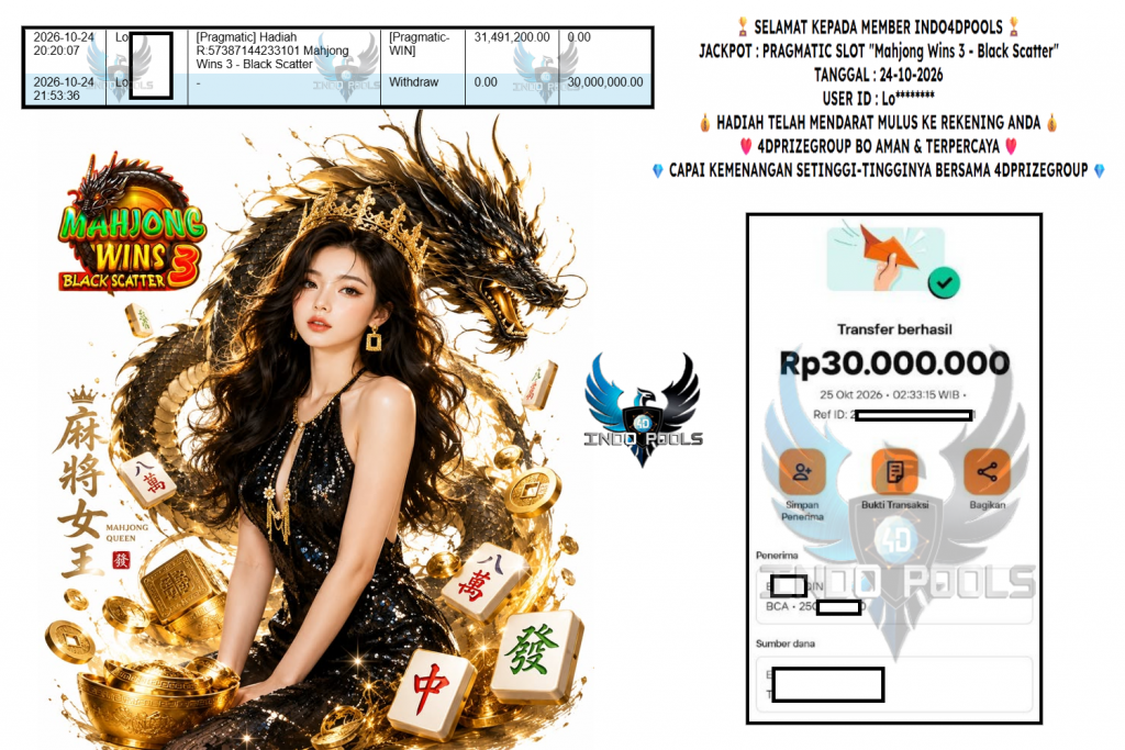 INDO4DPOOLS JACKPOT PRAGMATIC SLOT “Mahjong Wins 3 – Black Scatter” Rp 30.000.000,- LUNAS