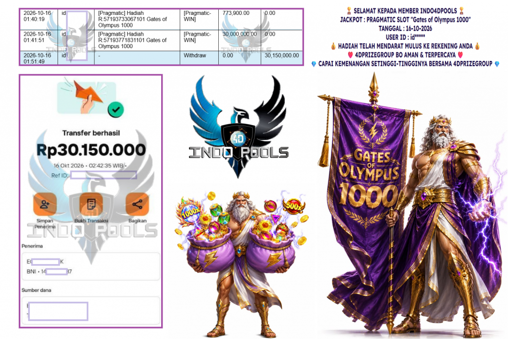 INDO4DPOOLS JACKPOT PRAGMATIC SLOT “Gates of Olympus 1000” Rp 30.150.000,- LUNAS