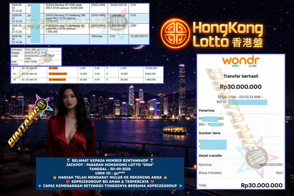 BINTANG4DP JACKPOT PASARAN HONGKONG LOTTO “0566” Rp 30.000.000,- LUNAS