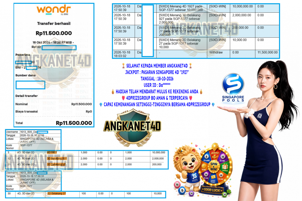 ANGKANET4D JACKPOT PASARAN SINGAPORE 4D “1927” Rp 11.500.000,- LUNAS
