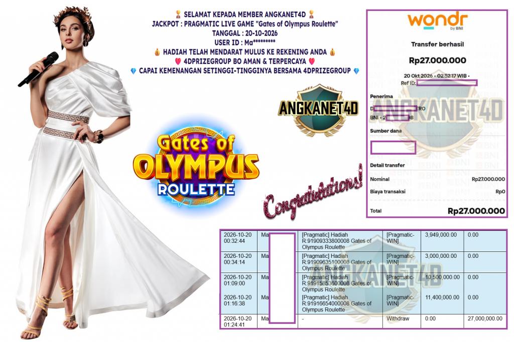 ANGKANET4D JACKPOT PRAGMATIC LIVE GAME “Gates of Olympus Roulette” ‎‏‏‎Rp 27.000.000,- LUNAS