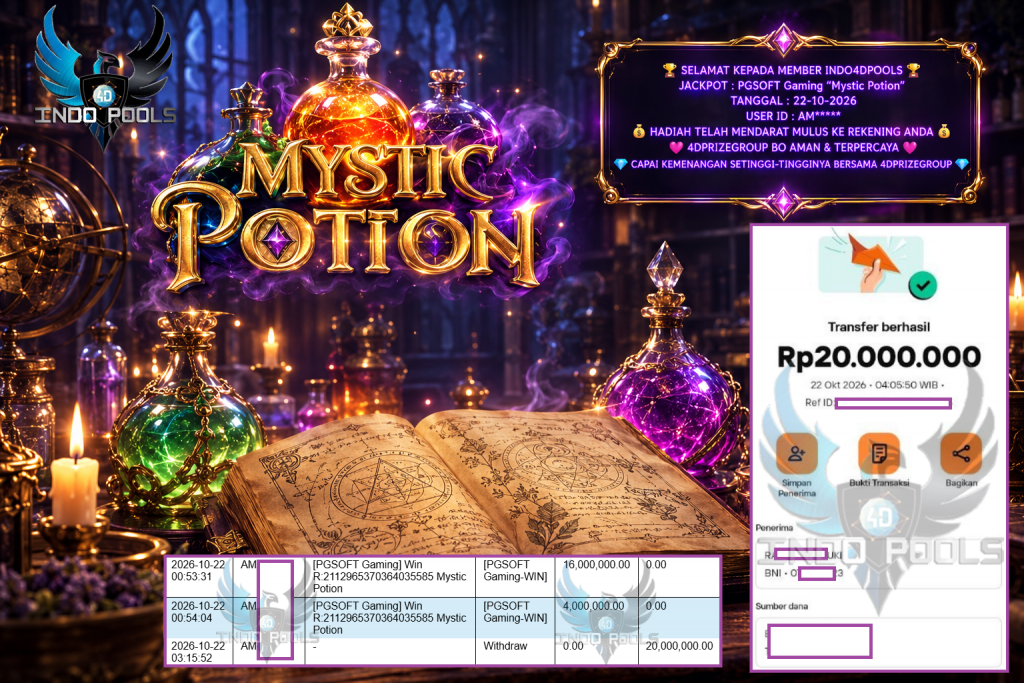 INDO4DPOOLS JACKPOT PGSOFT Gaming “Mystic Potion” ‎‎‏‏‎‎‏‏Rp 20.000.000,- LUNAS