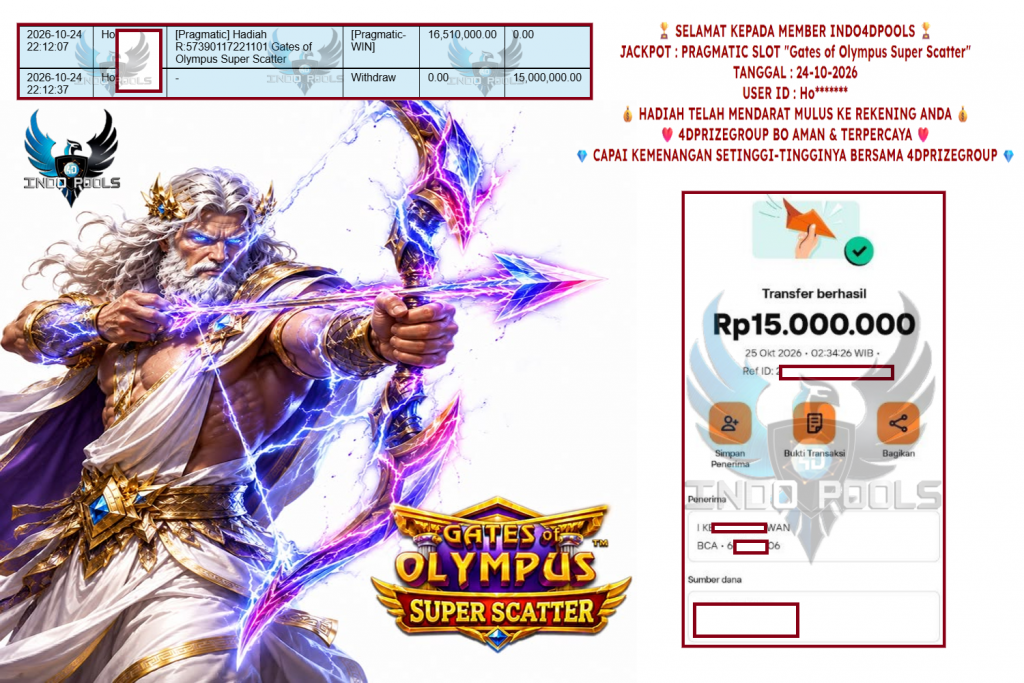 INDO4DPOOLS JACKPOT PRAGMATIC SLOT “Gates of Olympus Super Scatter” Rp 15.000.000,- LUNAS