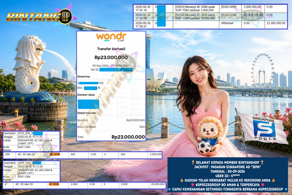 BINTANG4DP JACKPOT PASARAN SINGAPORE 4D “3096” Rp 23.000.000,- LUNAS