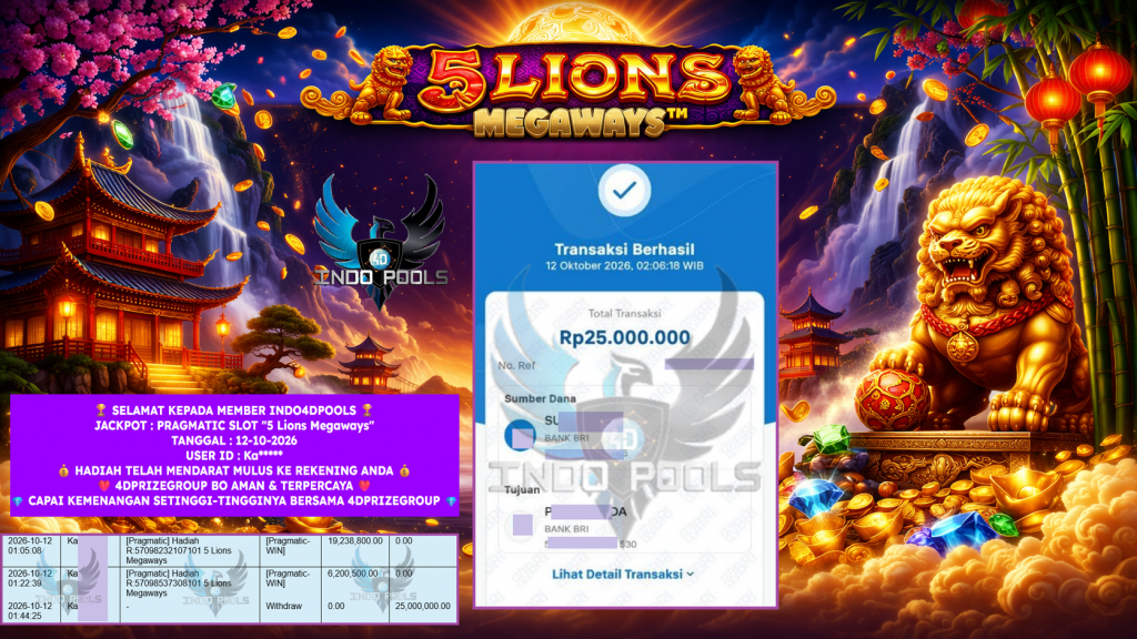 INDO4DPOOLS JACKPOT PRAGMATIC SLOT “5 Lions Megaways” Rp 25.000.000,- LUNAS