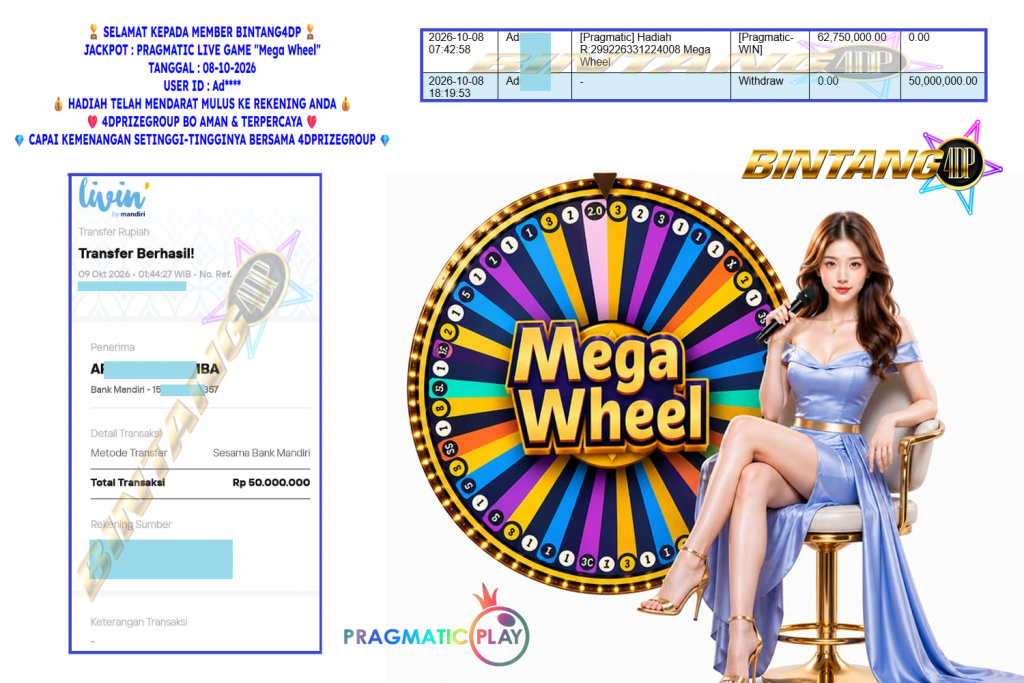 BINTANG4DP JACKPOT PRAGMATIC LIVE GAME “Mega Wheel” ‎‏‏‎Rp 50.000.000,- LUNAS