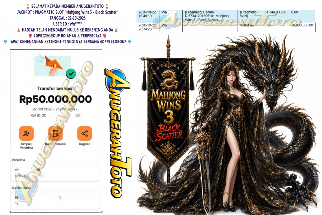 ANUGERAHTOTO JACKPOT PRAGMATIC SLOT “Mahjong Wins 3 – Black Scatter” Rp 50.000.000,- LUNAS