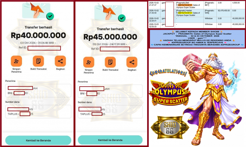 SHIO88 JACKPOT PRAGMATIC “Gates of Olympus Super Scatter”‎‏‏‎‎ Rp95.000.000,- LUNAS