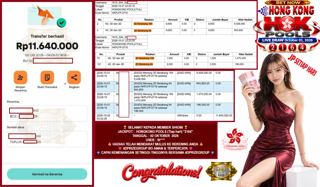 SHIO88 JACKPOT HONGKONG POOLS (Tiap hari) “2164”‎‏‏‎‎ Rp11.640.000,- LUNAS