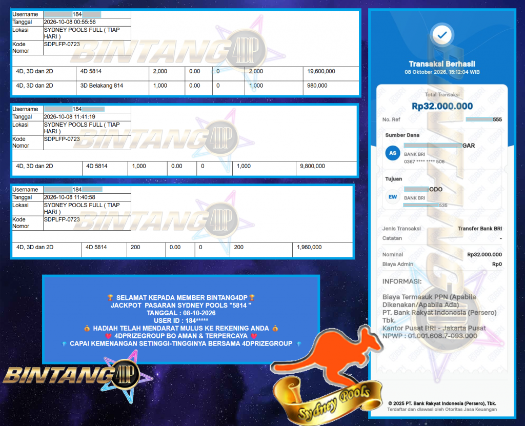 BINTANG4DP JACKPOT SYDNEY POOLS “5814” Rp 32.000.000,- LUNAS