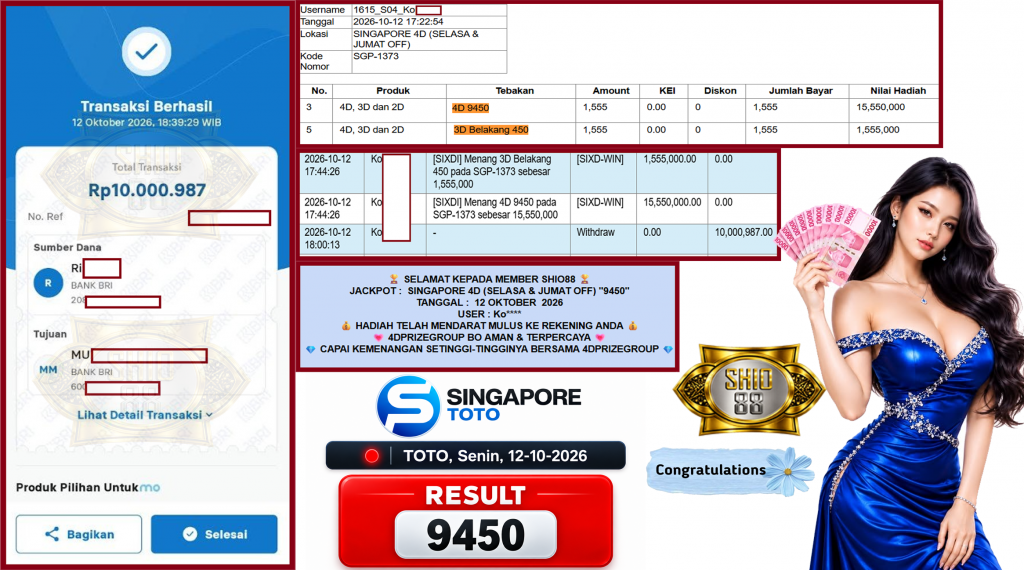 SHIO88 JACKPOT SINGAPORE 4D (SELASA & JUMAT OFF) β9450βββββ Rp10.000.987,- LUNAS