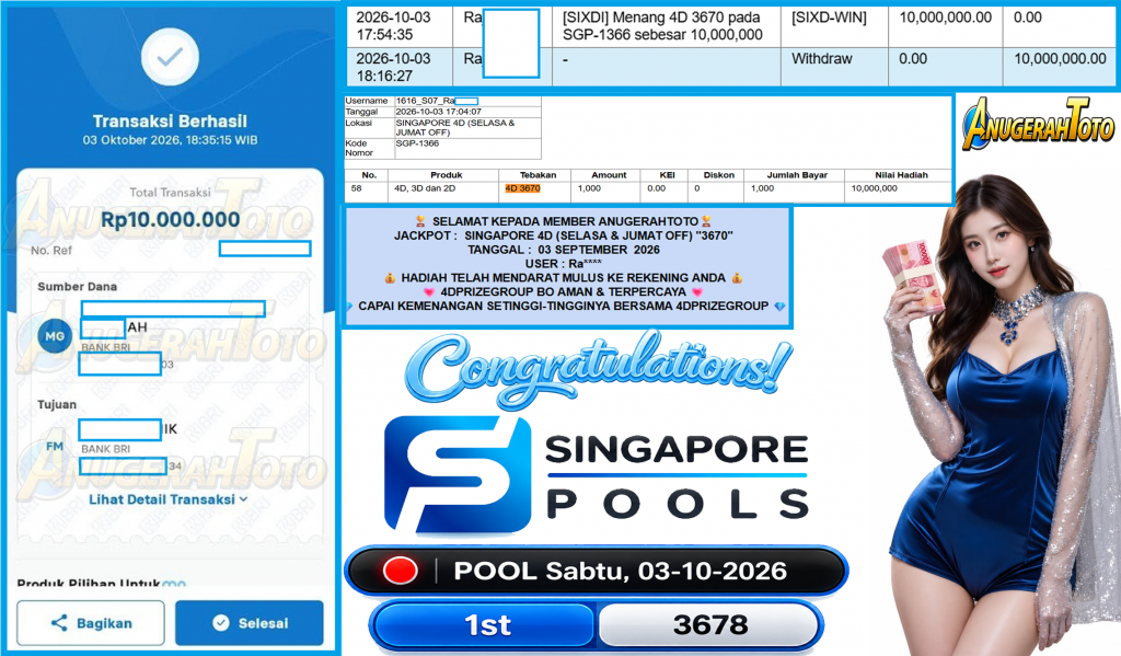 ANUGERAHTOTO JACKPOT SINGAPORE 4D (SELASA & JUMAT OFF) “3670”‎‏‏‎ Rp10.000.000,- LUNAS