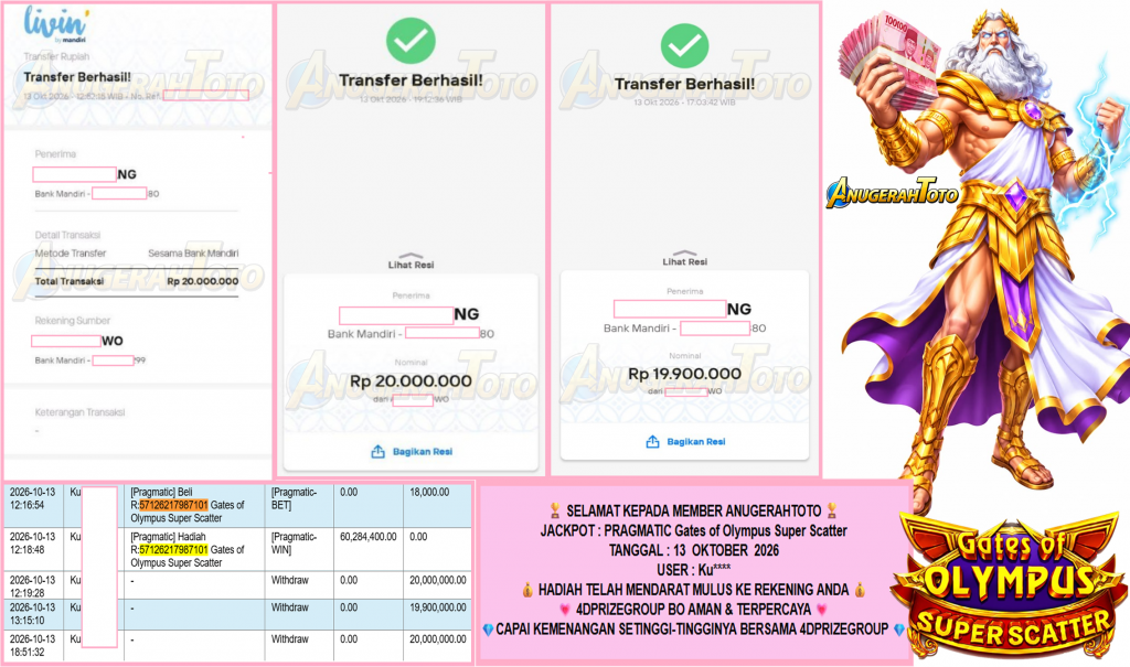 ANUGERAHTOTO JACKPOT PRAGMATIC “Gates of Olympus Super Scatter” Rp59.900.000,- LUNAS