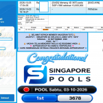 ANUGERAHTOTO JACKPOT SINGAPORE 4D (SELASA & JUMAT OFF) “3670”‎‏‏‎ Rp10.000.000,- LUNAS