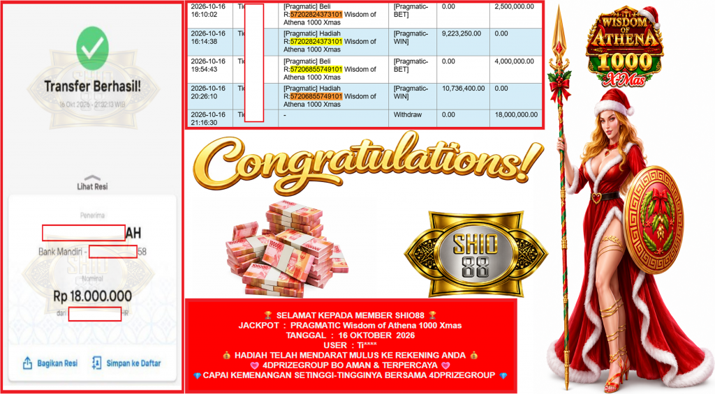 SHIO88 JACKPOT PRAGMATIC “Wisdom of Athena 1000 Xmas”‎‏‏‎‎ Rp18.000.000,- LUNAS