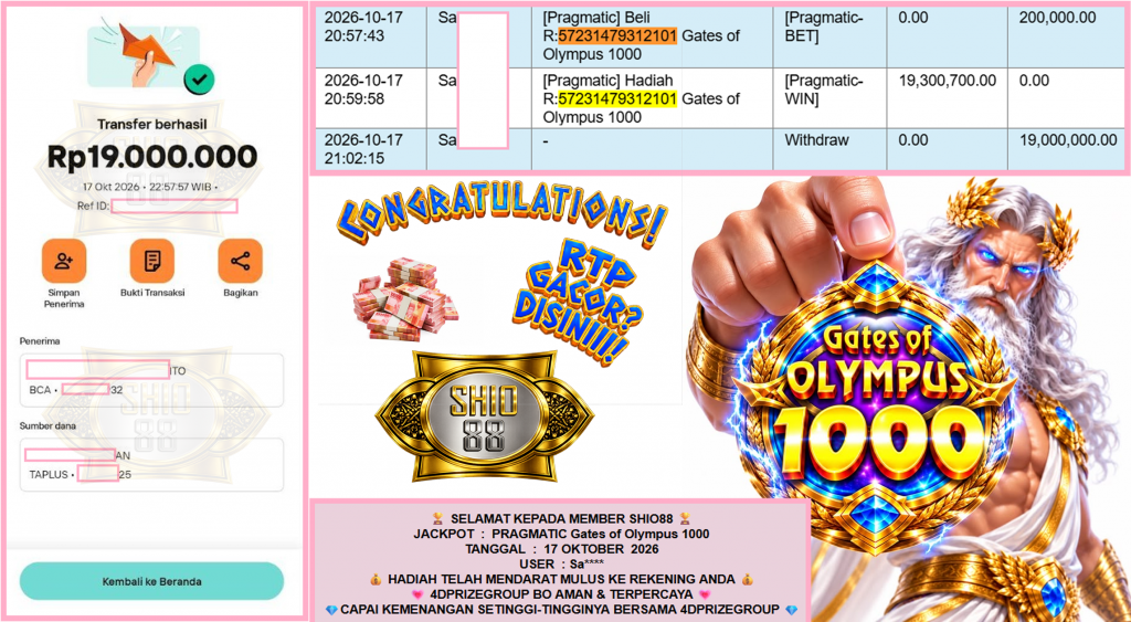 SHIO88 JACKPOT PRAGMATIC SLOT “Gates of Olympus 1000″‎‏‏‎‎ Rp 19.000.000,- LUNAS