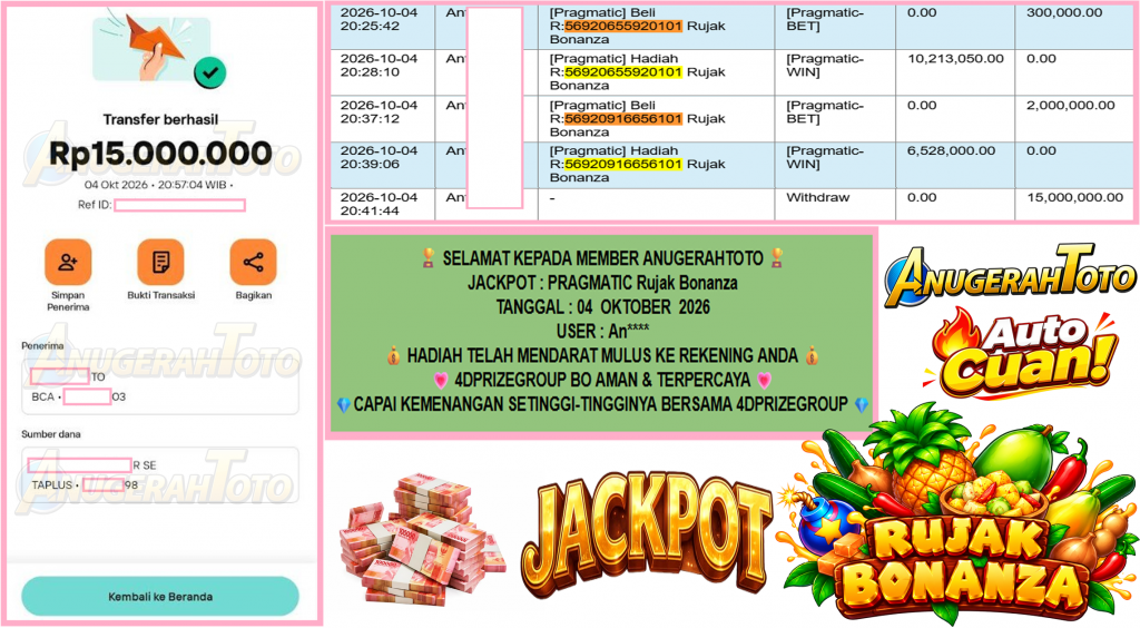 ANUGERAHTOTO JACKPOT PRAGMATIC “Rujak Bonanza” Rp15.000.000,- LUNAS