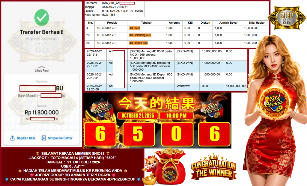 SHIO88 JACKPOT TOTO MACAU 4 (SETIAP HARI) “6506”‎‏‏‎ Rp11.800.000,- LUNAS