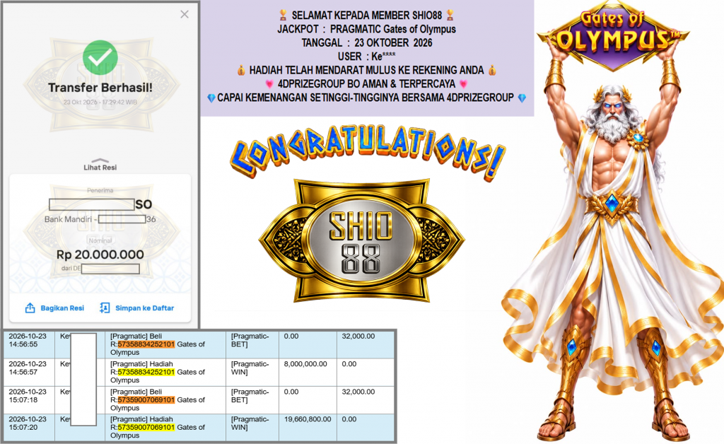 SHIO88 JACKPOT PRAGMATIC “Gates of Olympus”‎‏‏‎‎ Rp20.000.000,- LUNAS