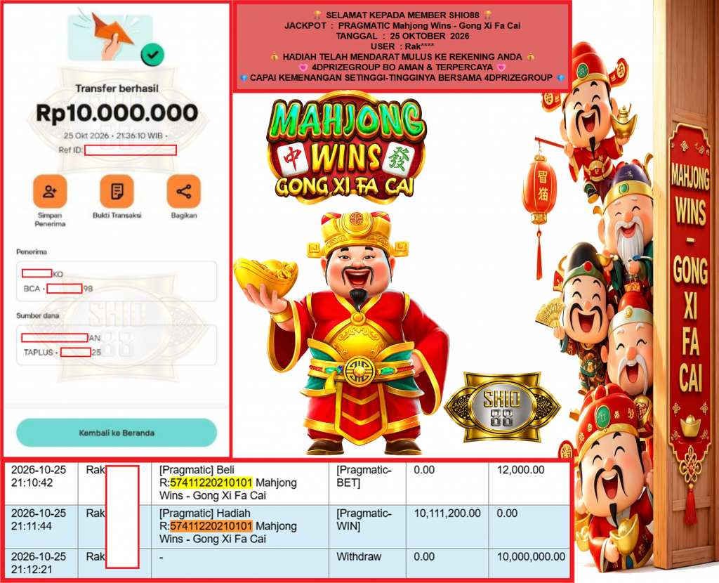 SHIO88 JACKPOT PRAGMATIC “Mahjong Wins – Gong Xi Fa Cai” Rp10.000.000,- LUNAS