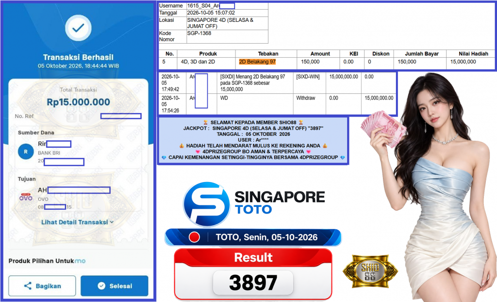 SHIO88 JACKPOT SINGAPORE 4D (SELASA & JUMAT OFF) β3897βββββ Rp15.000.000,- LUNAS